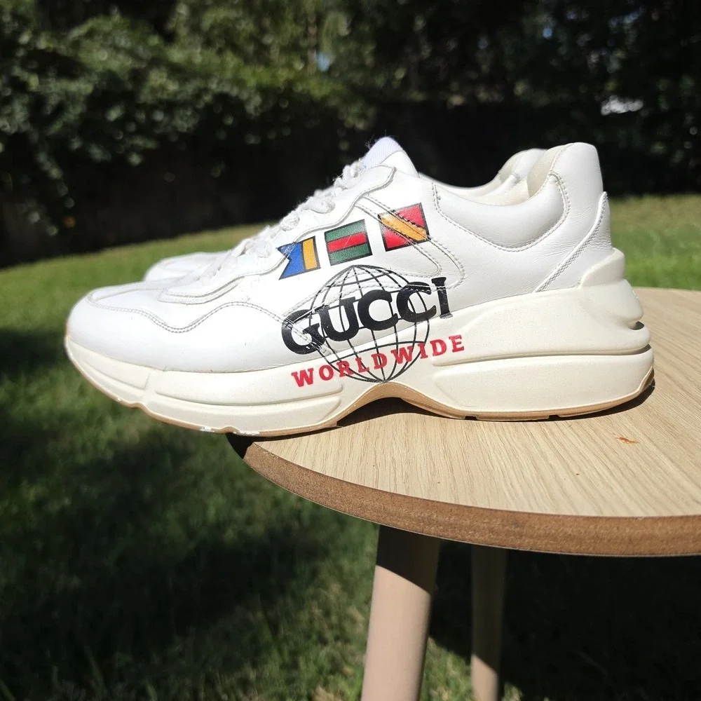 Gucci Rhyton Worldwide White Leather Men's Sneakers Logo Print, men's 9